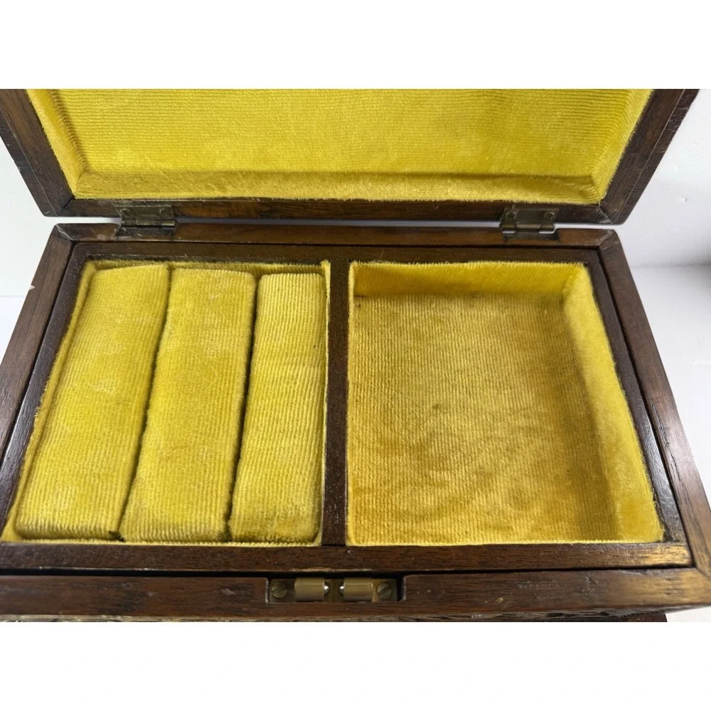 Vintage 1970s Thai Hand Carved Teak Jewelry Box Velvet Lining Tony M. Chiangmai